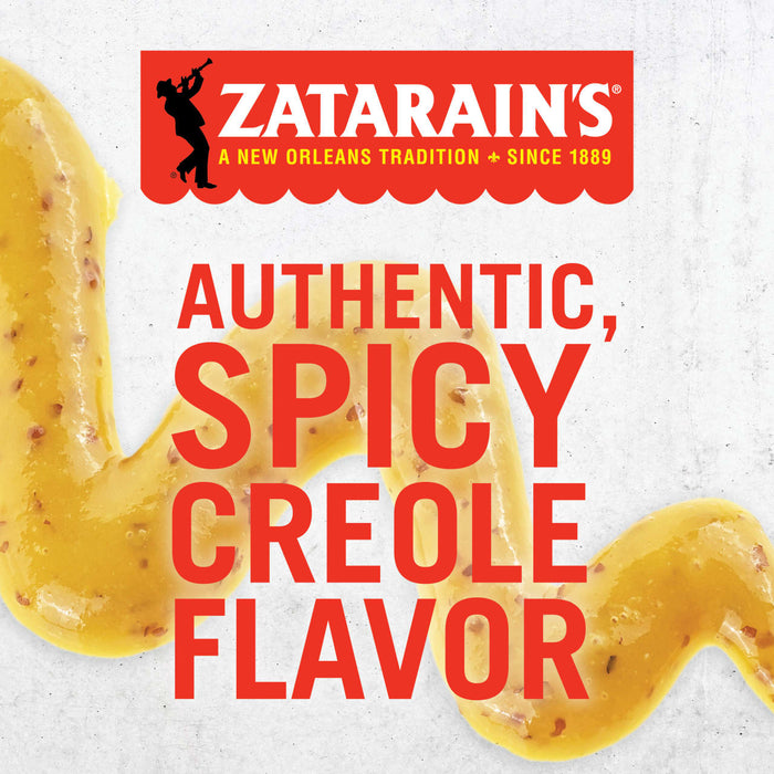 Zatarain\s logo with a tagline and a yellow sauce with red text that says Authentic, Spicy Creole Flavor