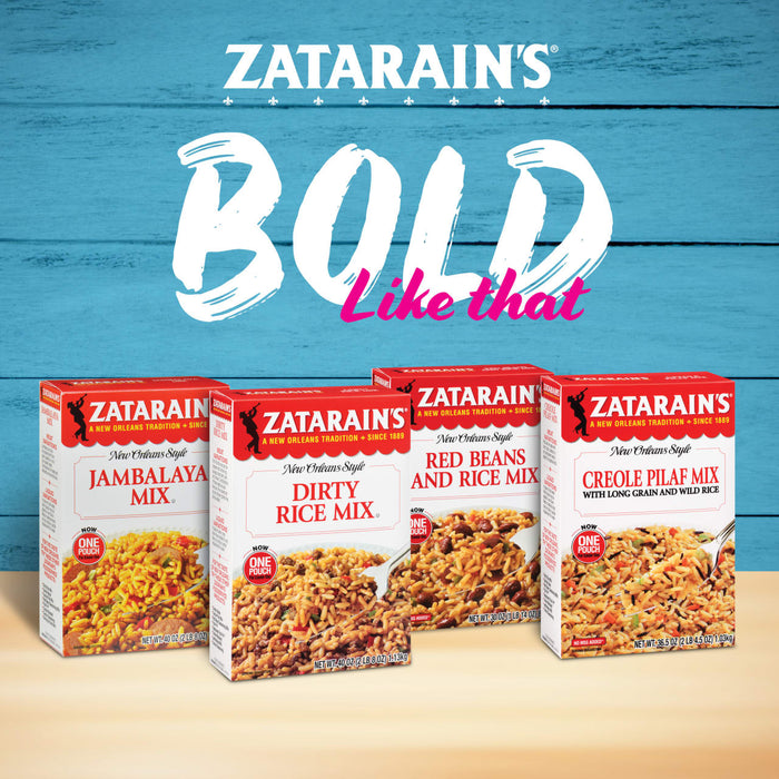Four boxes of Zatarains rice mixes, including Jambalaya, Dirty Rice, Red Beans and Rice, and Creole Pilaf.