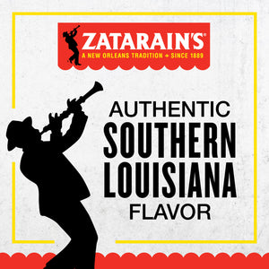 A black silhouette of a person playing a trumpet with the Zatarain\s logo and the words Authentic Southern Louisiana Flavor in bold black letters.