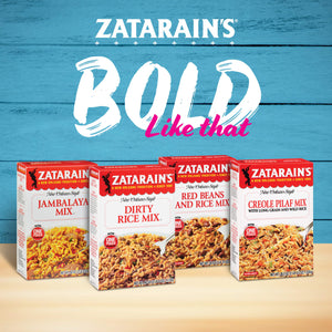 Four boxes of Zatarains rice mixes, including Jambalaya, Dirty Rice, Red Beans and Rice, and Creole Pilaf.