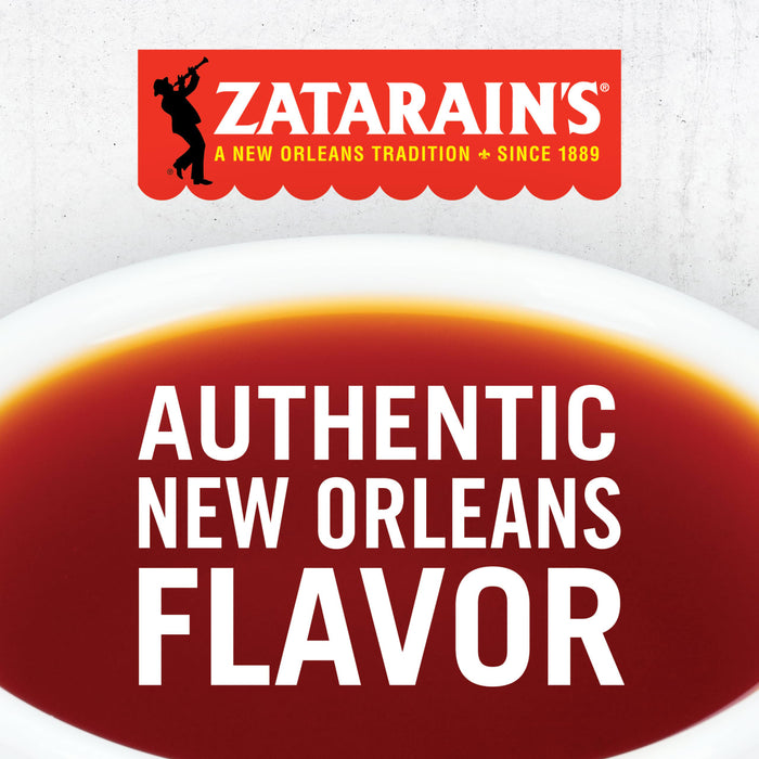 A bowl of red liquid with the Zatarain\s logo and the text Authentic New Orleans Flavor on top.