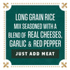 A green chalkboard with a gold border and fleur-de-lis accents, advertising a long grain rice mix seasoned with real cheeses, garlic, and red pepper.