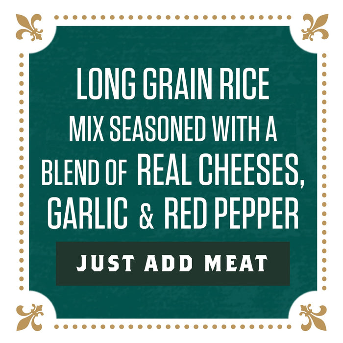 A green chalkboard with a gold border and fleur-de-lis accents, advertising a long grain rice mix seasoned with real cheeses, garlic, and red pepper.
