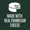 A white logo on a green background that says Made with Real Parmesan Cheese with a wedge of cheese next to the text.