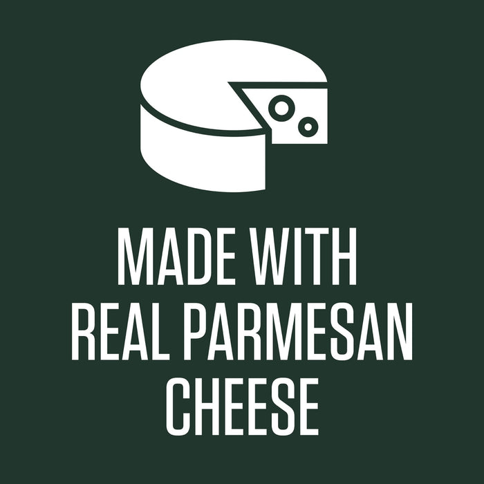 A white logo on a green background that says Made with Real Parmesan Cheese with a wedge of cheese next to the text.