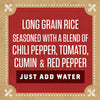 A red and white label with a fleur-de-lis design, advertising long grain rice seasoned with chili pepper, tomato, cumin, and red pepper.