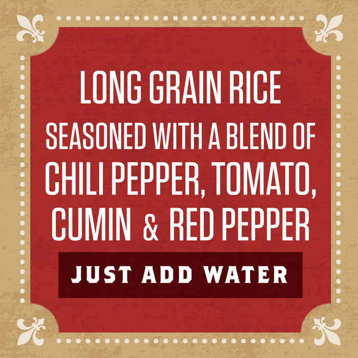 A red and white label with a fleur-de-lis design, advertising long grain rice seasoned with chili pepper, tomato, cumin, and red pepper.