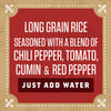 A red and white label with a fleur-de-lis design, advertising long grain rice seasoned with chili pepper, tomato, cumin, and red pepper.