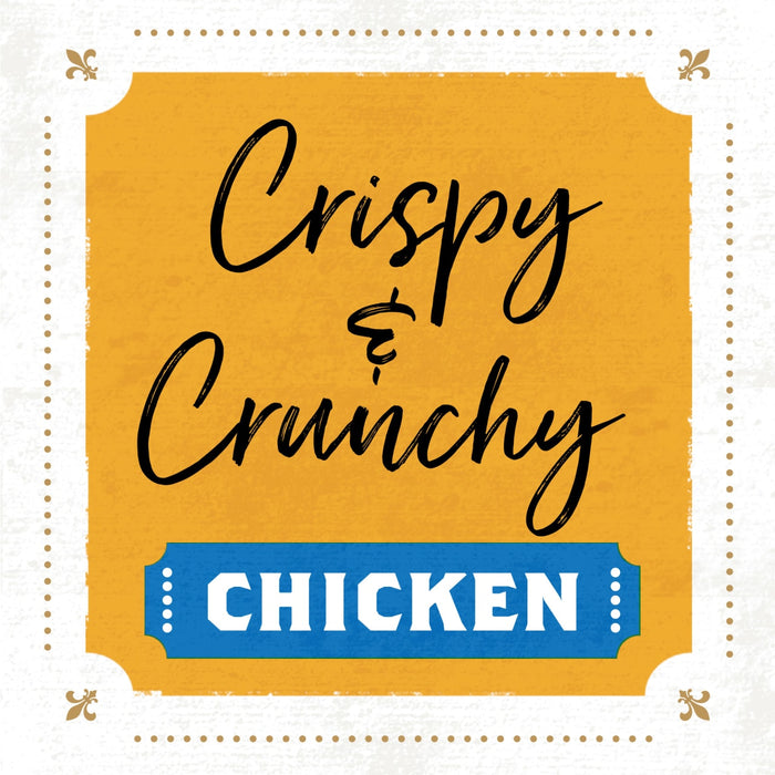 A yellow and blue graphic with the text Crispy &amp; Crunchy Chicken.