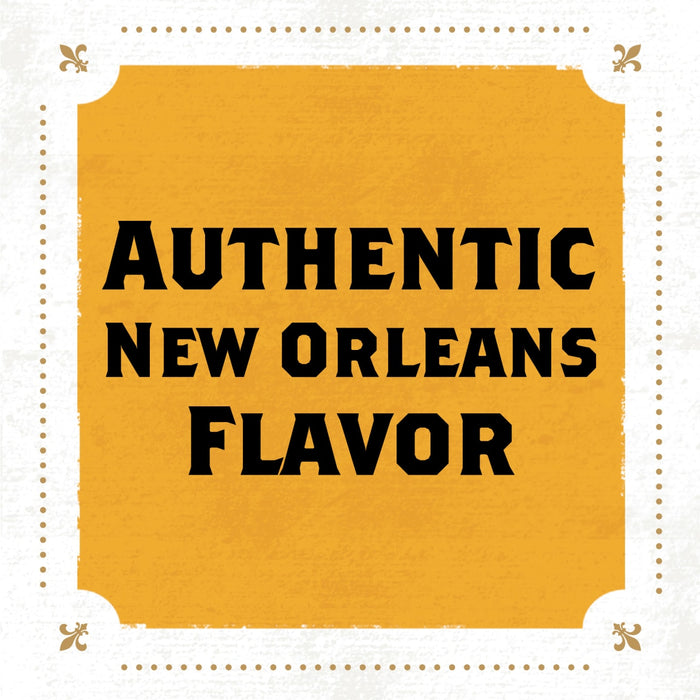 A yellow sign with a black border and fleur-de-lis designs in the corners reads AUTHENTIC NEW ORLEANS FLAVOR.