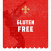 This illustration features a red background with a silhouette of a jazz musician playing a trumpet, a fleur-de-lis symbol, and the words Gluten Free in white text.
