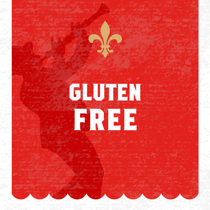 This illustration features a red background with a silhouette of a jazz musician playing a trumpet, a fleur-de-lis symbol, and the words Gluten Free in white text.