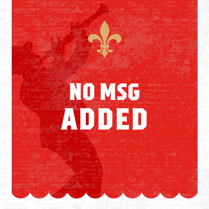 This illustration features a silhouette of a musician playing a trumpet, a fleur-de-lis, and the text NO MSG ADDED on a red textured background, likely indicating a food product or restaurant that does not use monosodium glutamate.