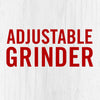 The words ADJUSTABLE GRINDER in red text on a white wood background.
