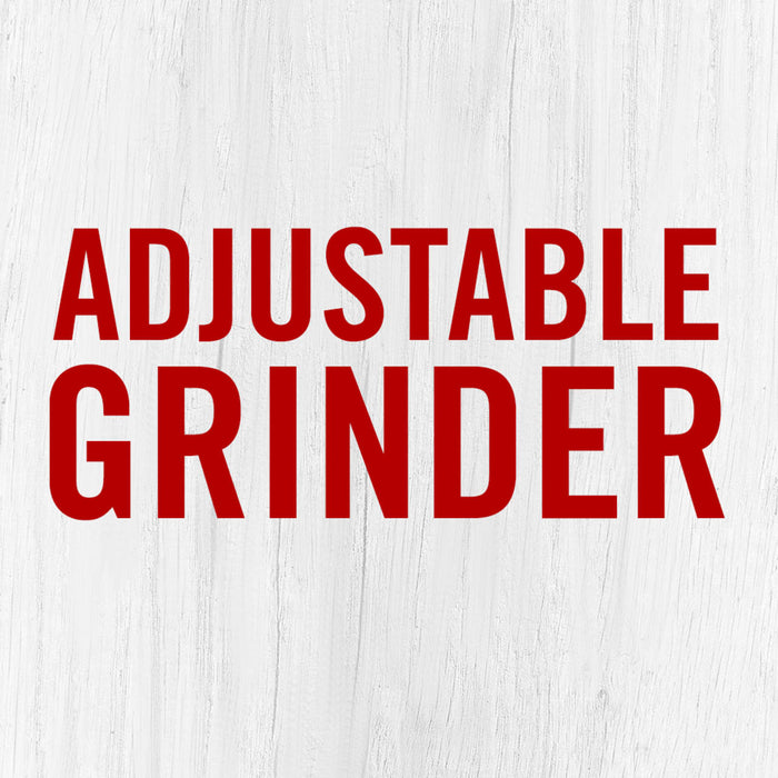 The words ADJUSTABLE GRINDER in red text on a white wood background.