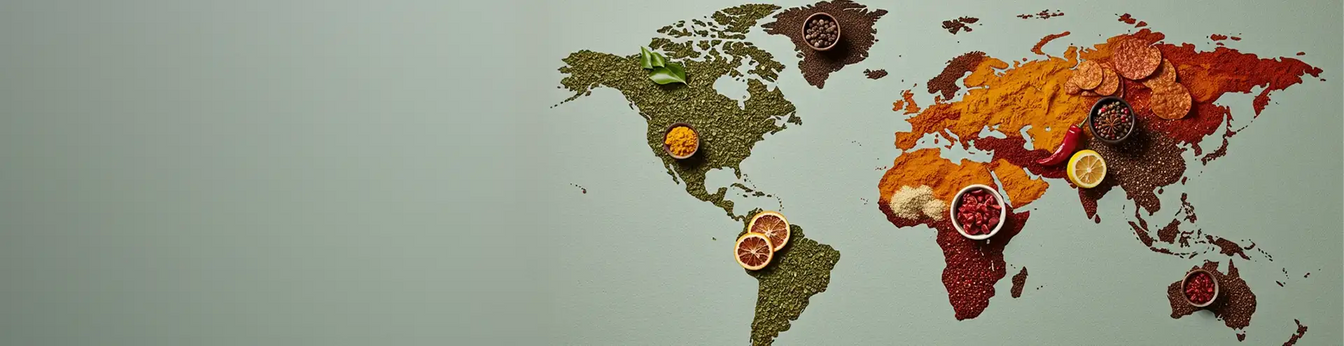 World map made from colorful spices and herbs with bowls of seasonings and citrus slices