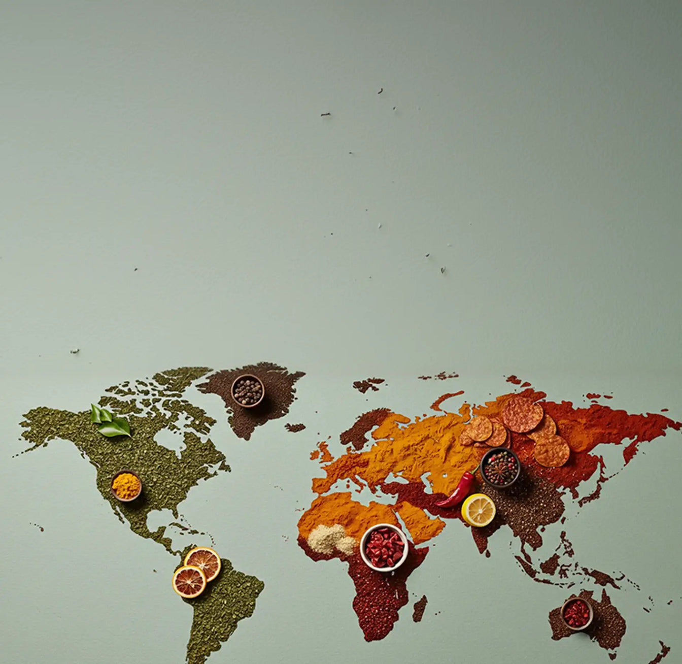 World map made from colorful spices and herbs with bowls of seasonings and citrus slices