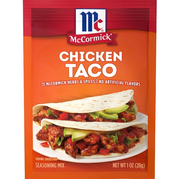 McCormick Chicken Taco seasoning mix packet on a white background