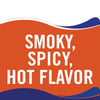 A graphic with a red background and white text that reads Smoky, Spicy, Hot Flavor with blue wavy lines at the top and bottom.