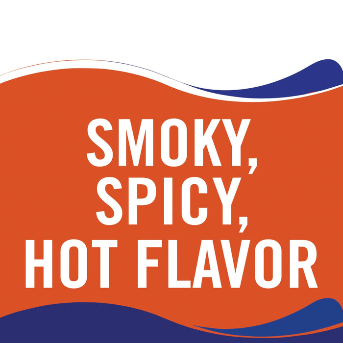 A graphic with a red background and white text that reads Smoky, Spicy, Hot Flavor with blue wavy lines at the top and bottom.