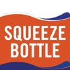 A graphic with a white text that says SQUEEZE BOTTLE on an orange background with blue waves on the top and bottom.