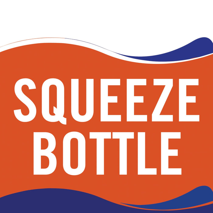 A graphic with a white text that says SQUEEZE BOTTLE on an orange background with blue waves on the top and bottom.