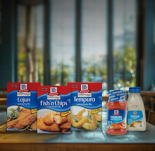 mccormick products of golden dipt mix, cocktail sauce, and tartar sauce