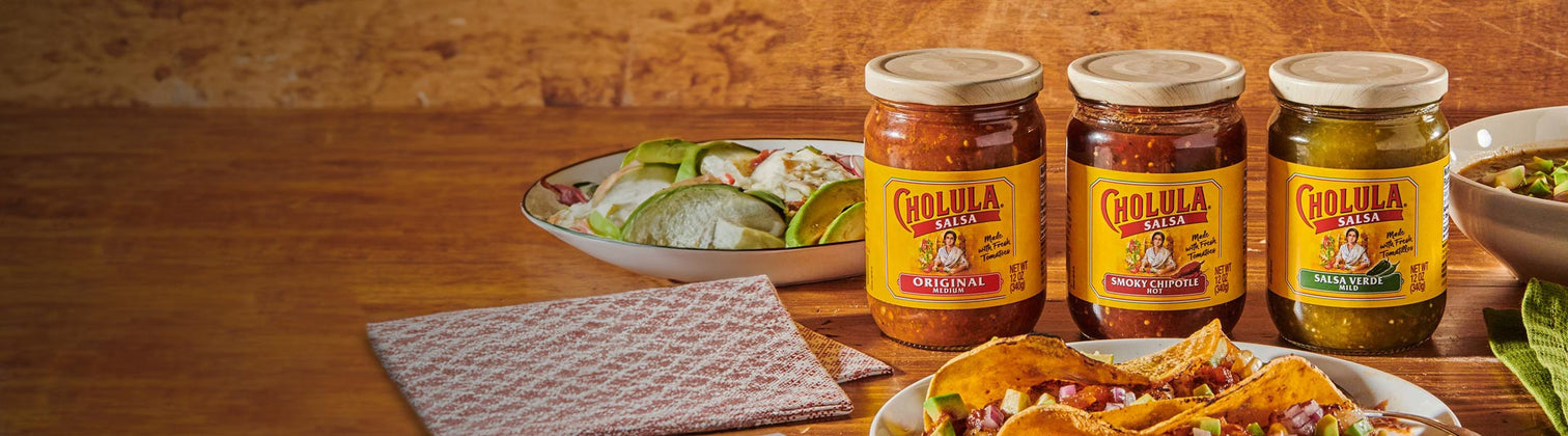 lineup of various cholula salsas