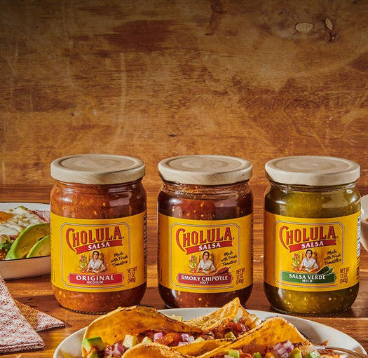 lineup of various cholula salsas