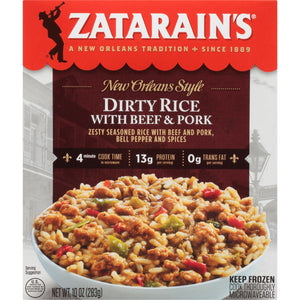 A box of Zatarain's New Orleans Style Dirty Rice with Beef &amp; Pork.