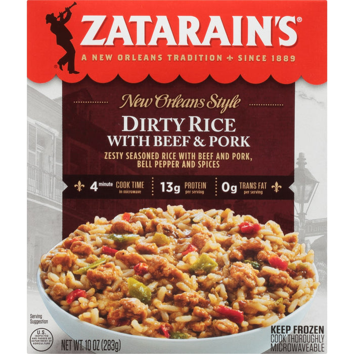 A box of Zatarain's New Orleans Style Dirty Rice with Beef &amp; Pork.