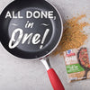 A black skillet with the words All Done in One! written in white on it next to a McCormick One Skillet Beef Stir Fry &amp; Vegetables seasoning packet