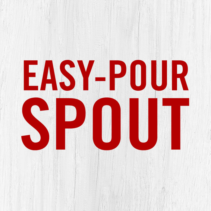 The words Easy-Pour Spout in red on a white woodgrain background.