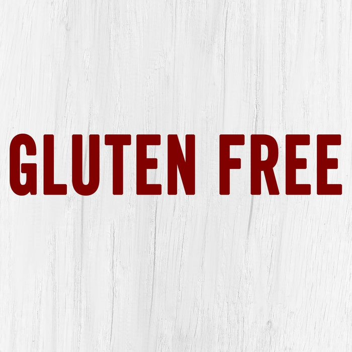 The words Gluten Free in red on a white wood background.
