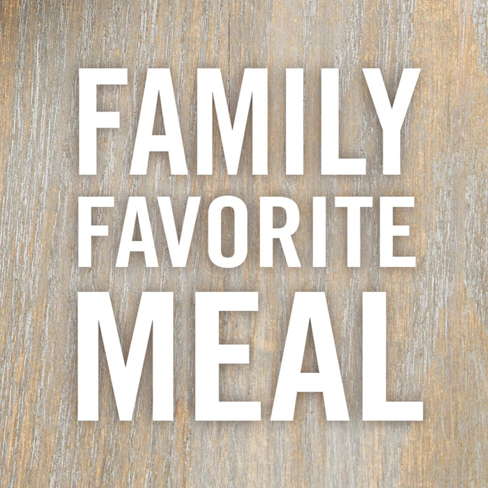 The words Family Favorite Meal are written in white on a woodgrain background.