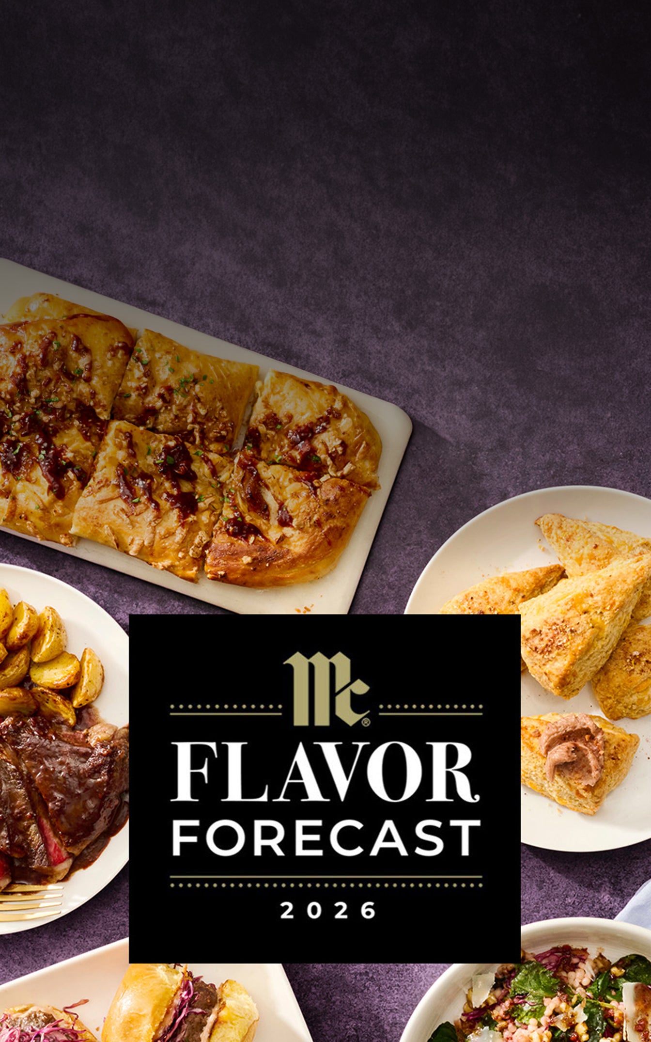 A promotional graphic for 'Mr. Flavor Forecast 2026' featuring a black central logo block over a dark purple textured background, with partial plates of food including a sliced baked pastry, fried items, steak, and a salad around the edges.