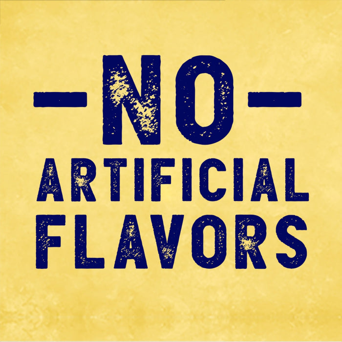 A blue stamp with the text NO ARTIFICIAL FLAVORS on a yellow background.