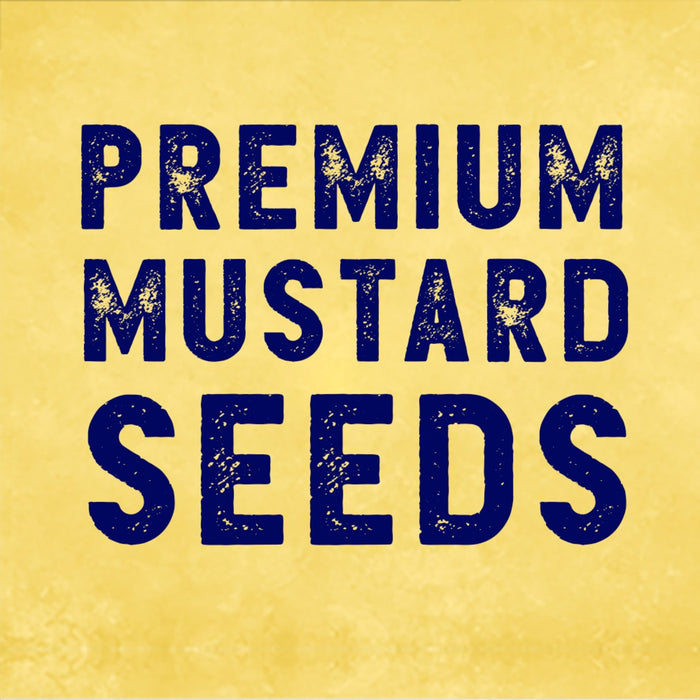 A blue text graphic that says Premium Mustard Seeds
