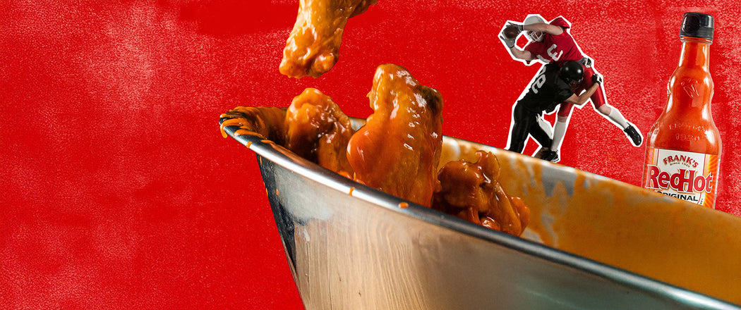 frank's redhot original with wings, and with a cut out of players tackling each other