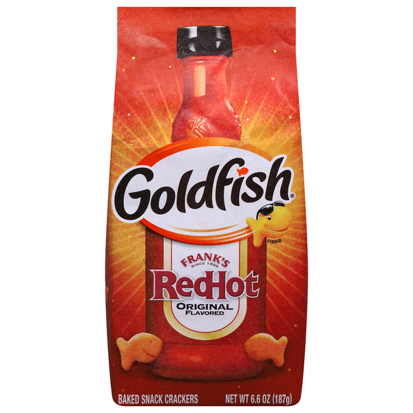 Goldfish Frank's RedHot snack crackers packaging on a white background