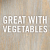 The words Great with Vegetables in white text on a woodgrain background.