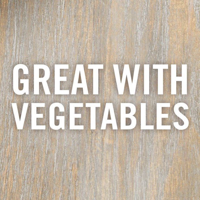 The words Great with Vegetables in white text on a woodgrain background.