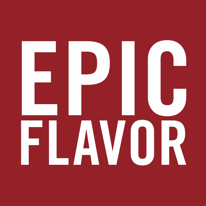 A white text on a red background that says EPIC FLAVOR