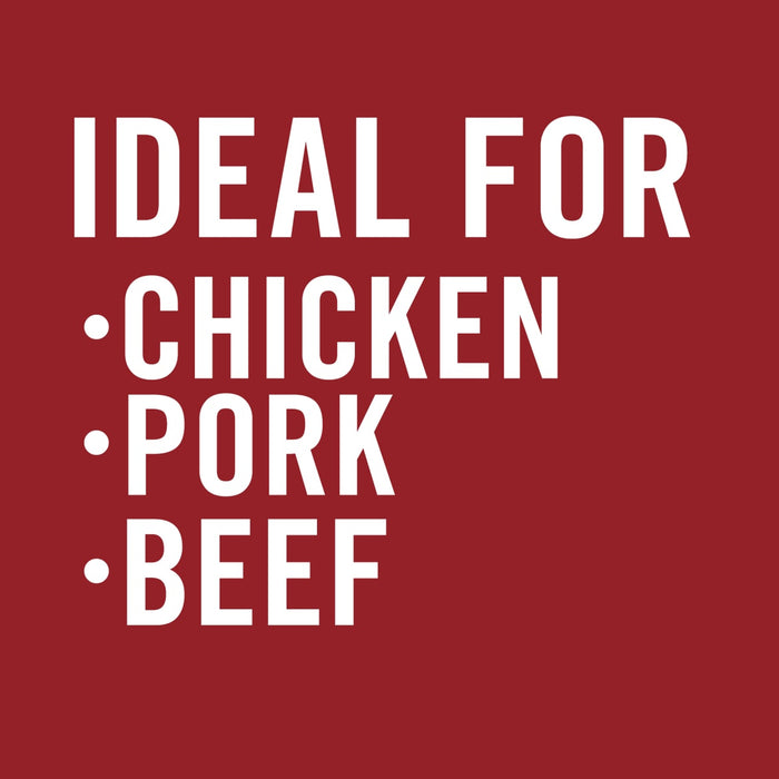 White text on a red background reads Ideal for Chicken, Pork, Beef.