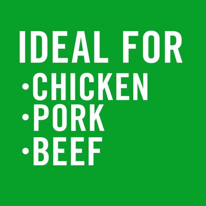 White text on a green background reads Ideal for Chicken, Pork, Beef.
