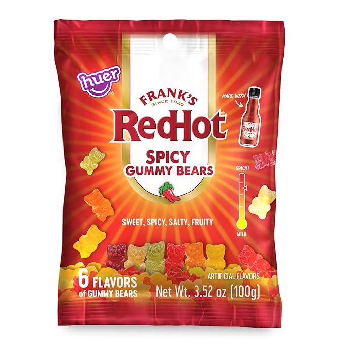 Packaging of Frank's RedHot Spicy Gummy Bears on a white background