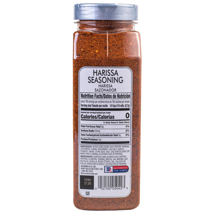 A McCormick for Chefs Harissa Seasoning jar with nutrition facts and ingredients listed.