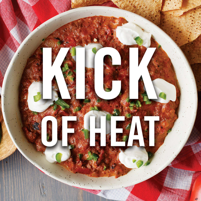 A bowl of chili with sour cream and green onions, with the text Kick of Heat superimposed on the image.