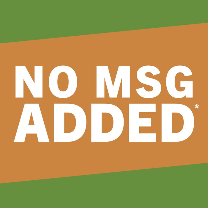 A graphic with white text on a brown background that says NO MSG ADDED with a green background behind the brown.
