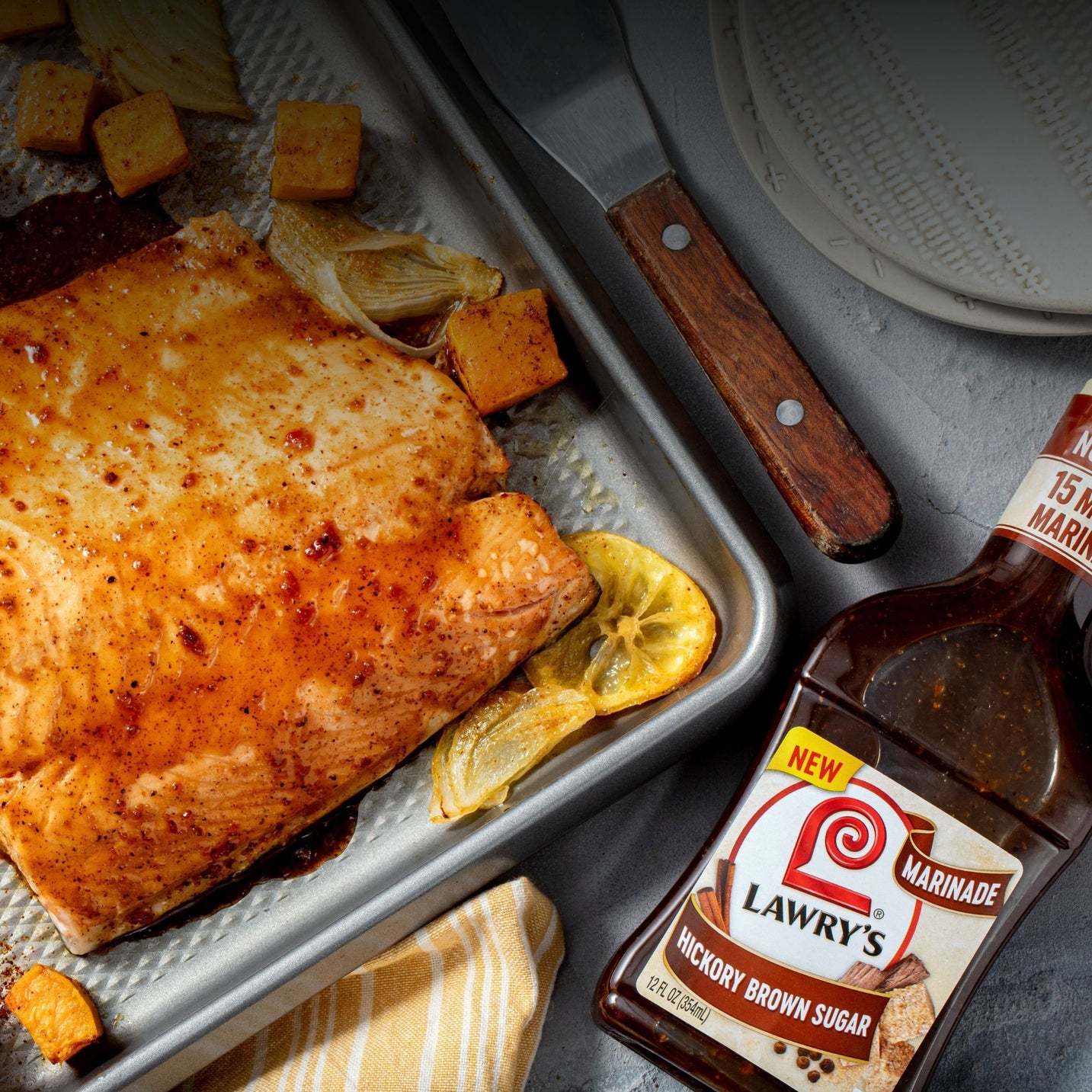 baked salmon on a sheet pan with lawrys hickory brown sugar marinade